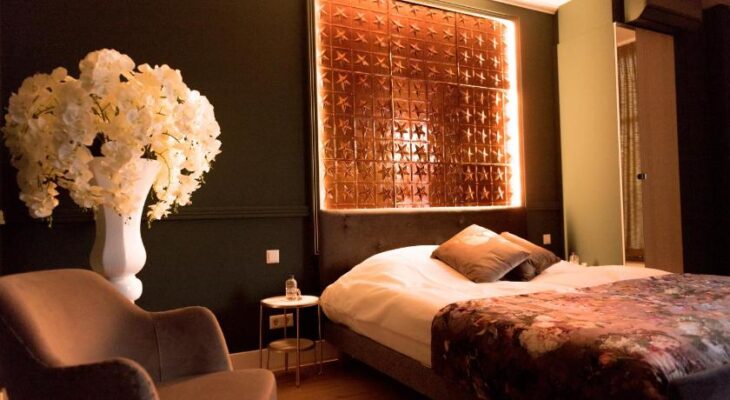 Copper wall tiles in bedroom